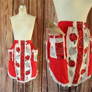 Vintage 1960s Apron With Pocket, Red and White Country Print Cotton Half Apron,